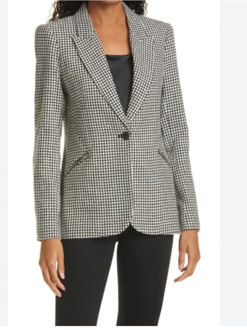 L'AGENCE Candra Zip Pocket Houndstooth Check Blazer Black Ivory Size 00 NWOT